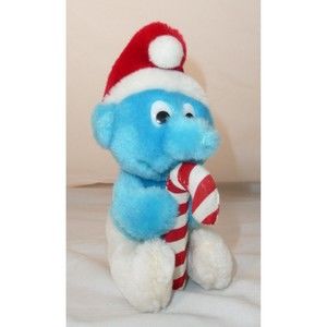 Christmas Smurf Plush 5"  with Candy Cane 1982 Peyo Wallace & Berrie Co. Vintage